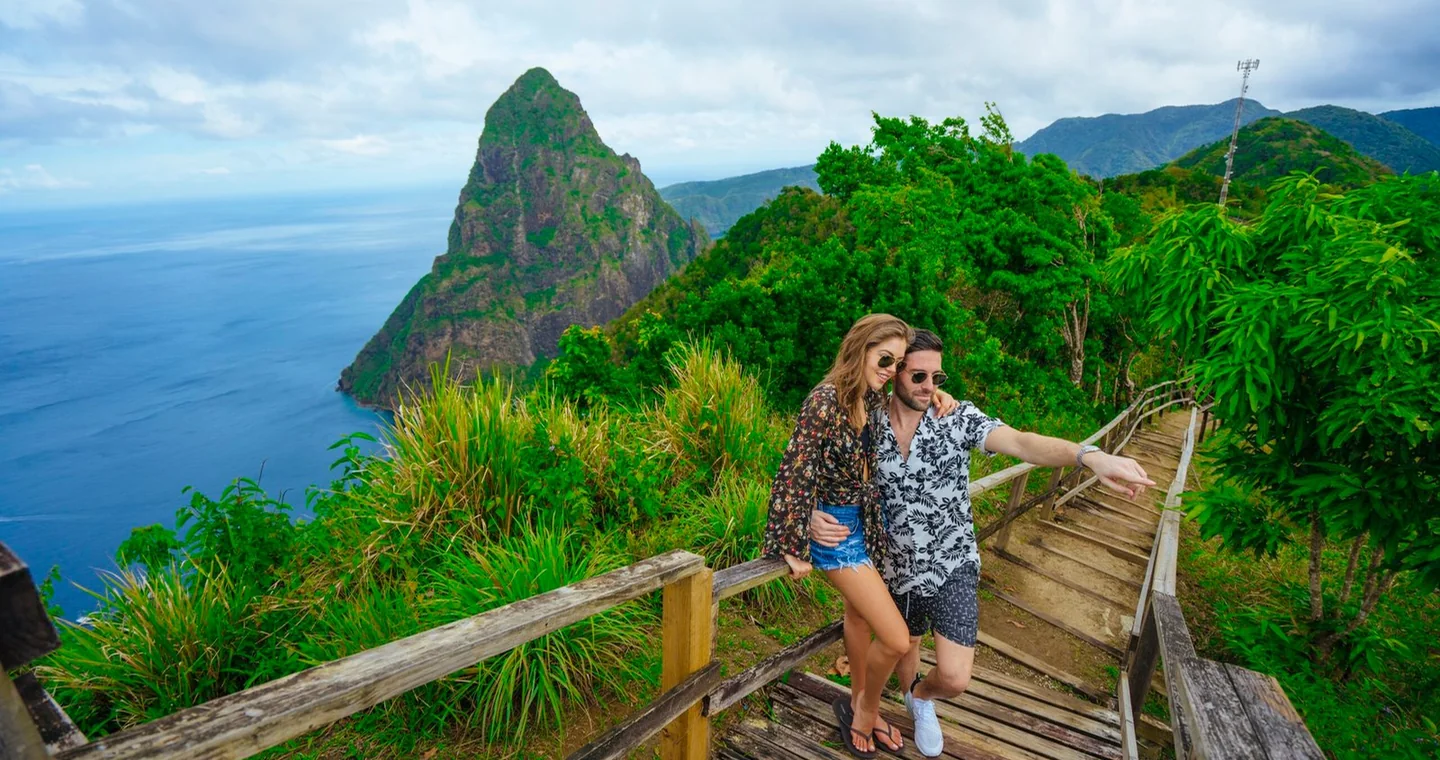 The Pitons and Caribbean Sea from Tet Paul Nature Trail